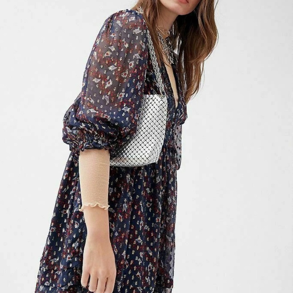 Urban Outfitters Omaha 3/4 Sleeve All Over Print Blue Chiffon Dress Metallic M